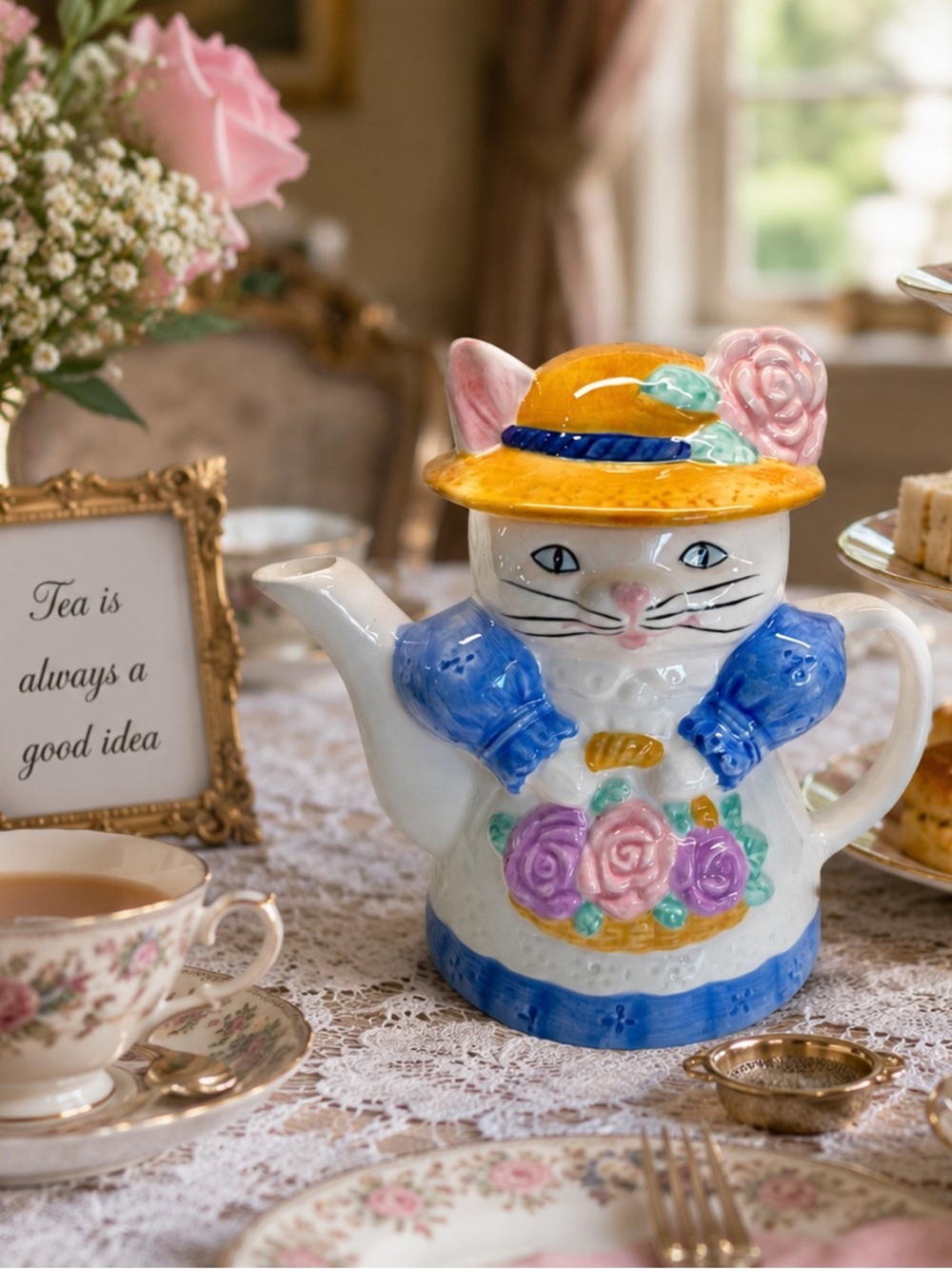 Vintage 80’s Ceramic Cat With Hat Teapot With Basket of Flowers